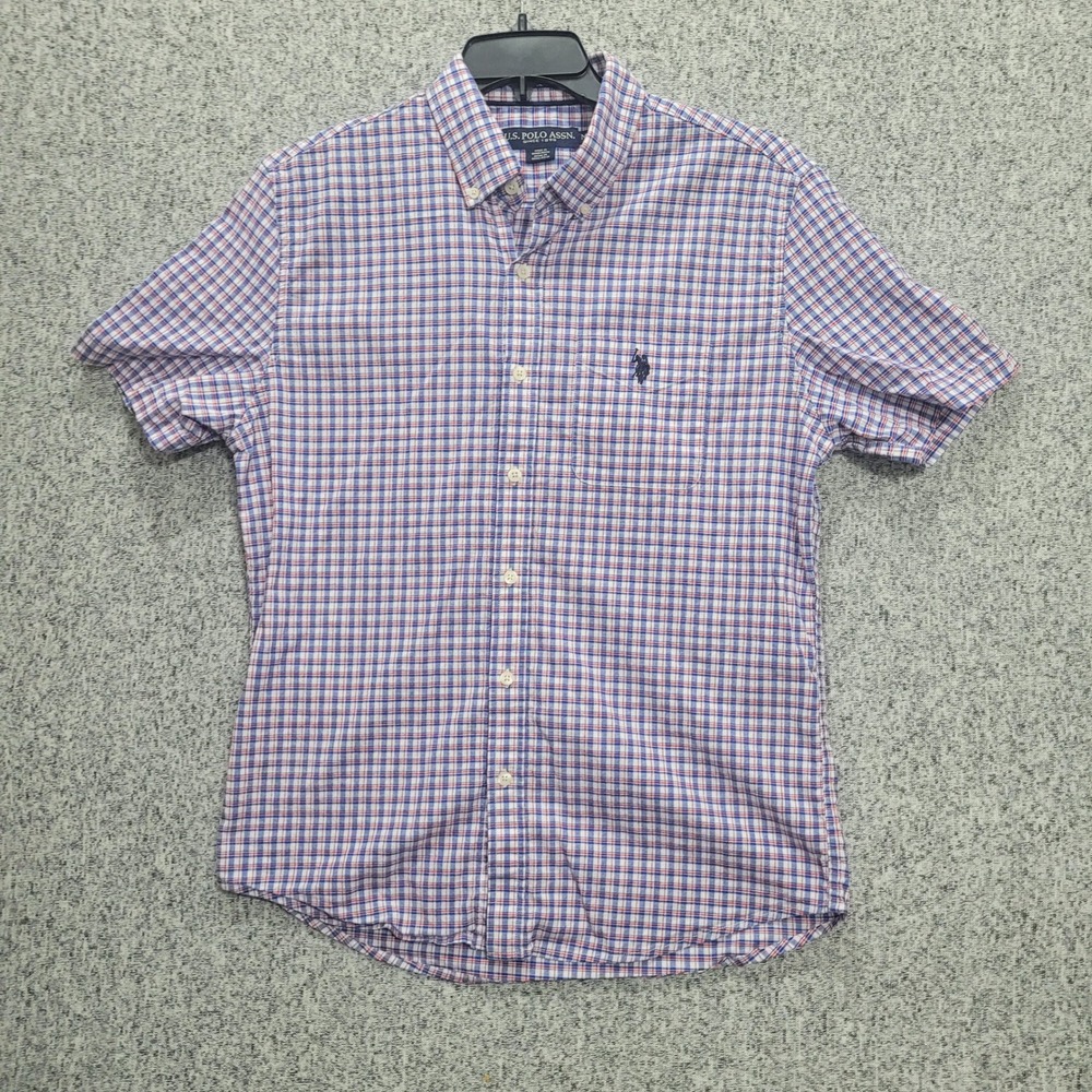 US Polo Assn Mens Short Sleeve Plaid Button Down Shirt Blue Red White Size M